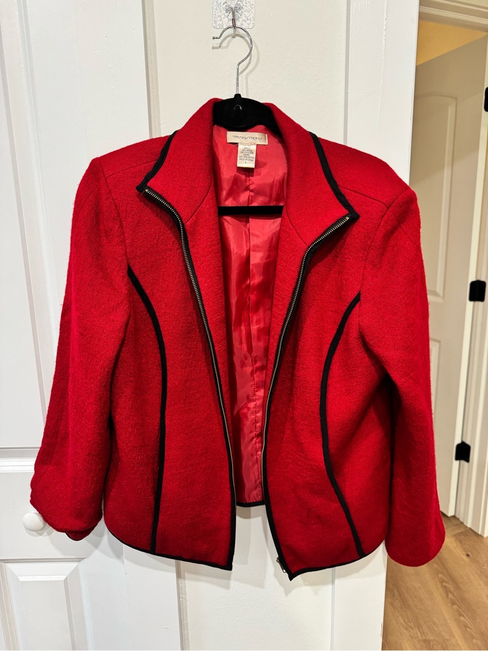 Wool Blend Red Zip-Front Blazer with Black Piping